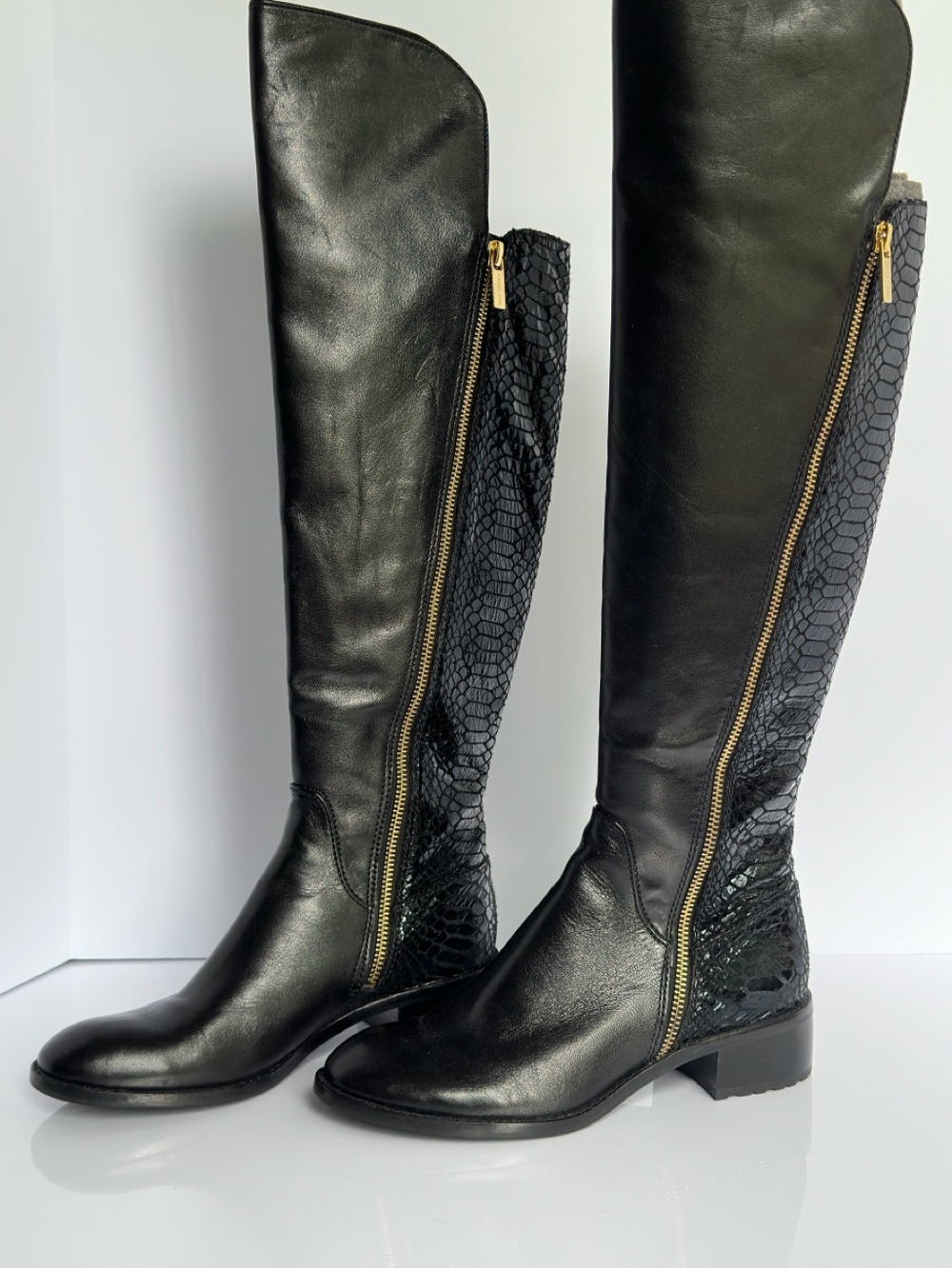 Michael Kors Black Leather Snake Skin Knee-high Boots with Gold Zipper